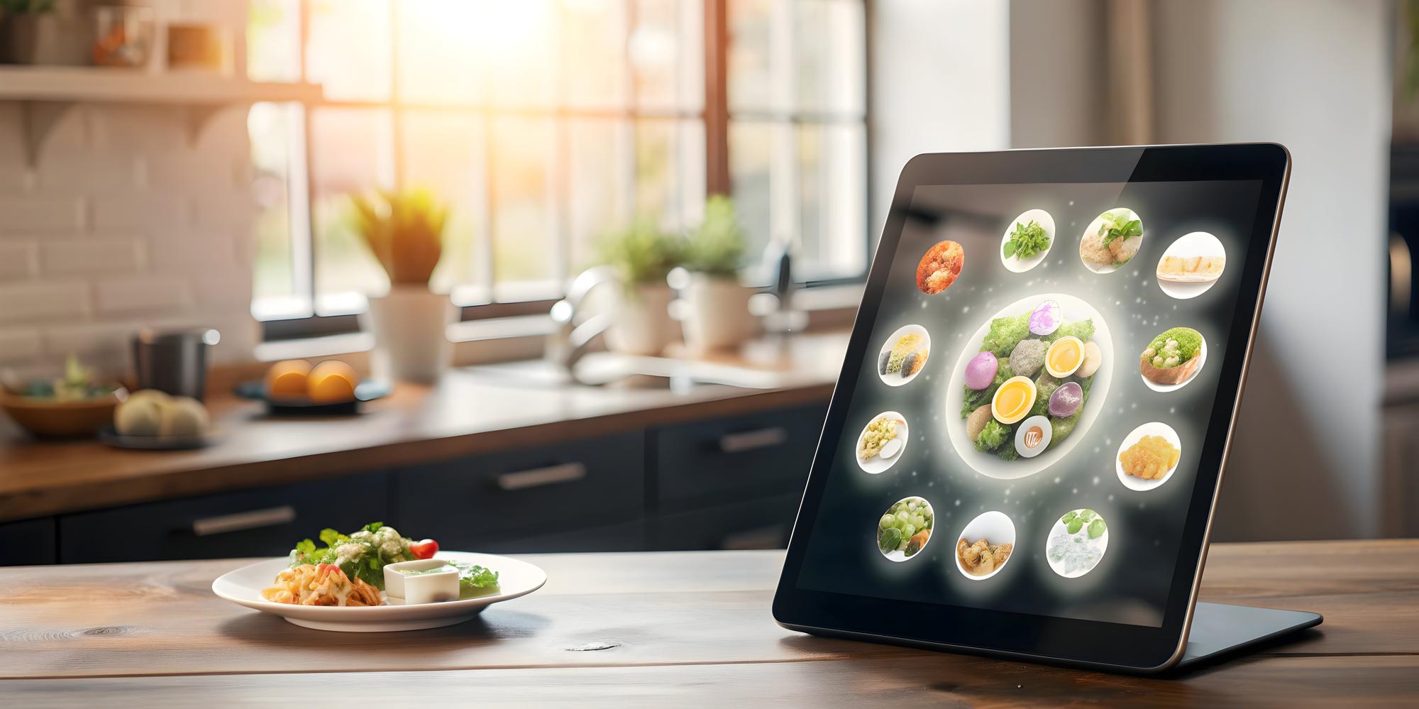 Futuristic kitchen setup with meal kit and tablet